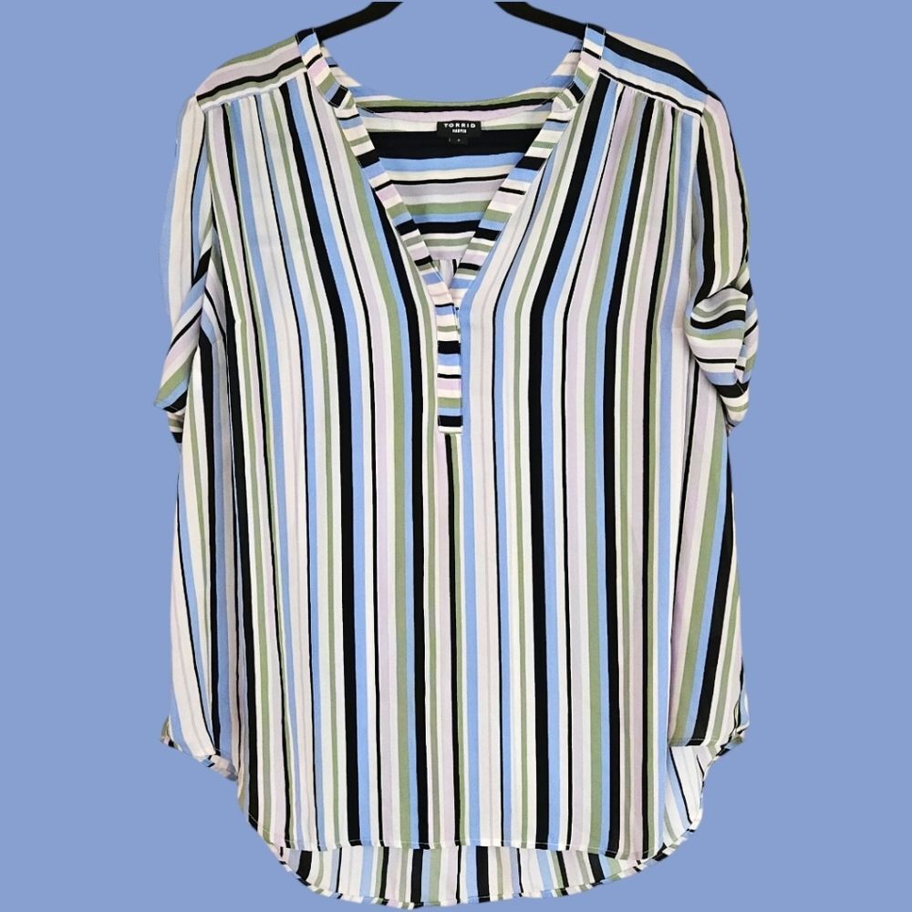 TORRID Harper Striped V-Neck Ruched 3/4 Sleeve Blouse- Plus Size 2 2x